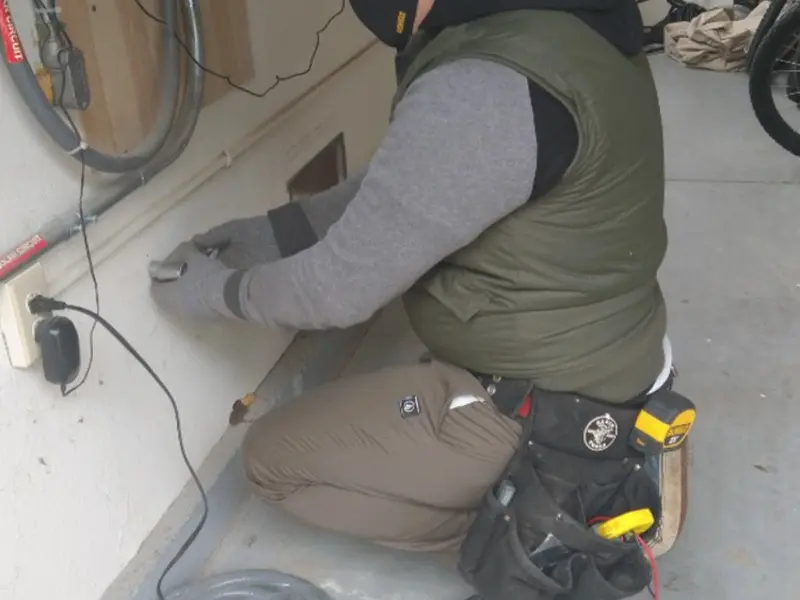 Electrician performing outlet wiring in a Utica garage